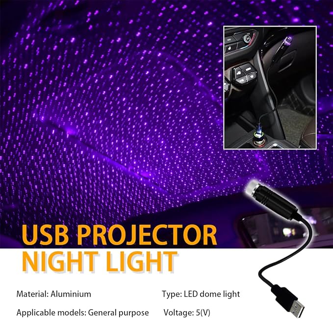 USB Projector Night Light, Highlighted Car Roof Light, Auto Interior LED Romantic Atmosphere Light, Adjustable Night Lamp for Bedroom Party, Universal Decor Car Accessories (Purple)