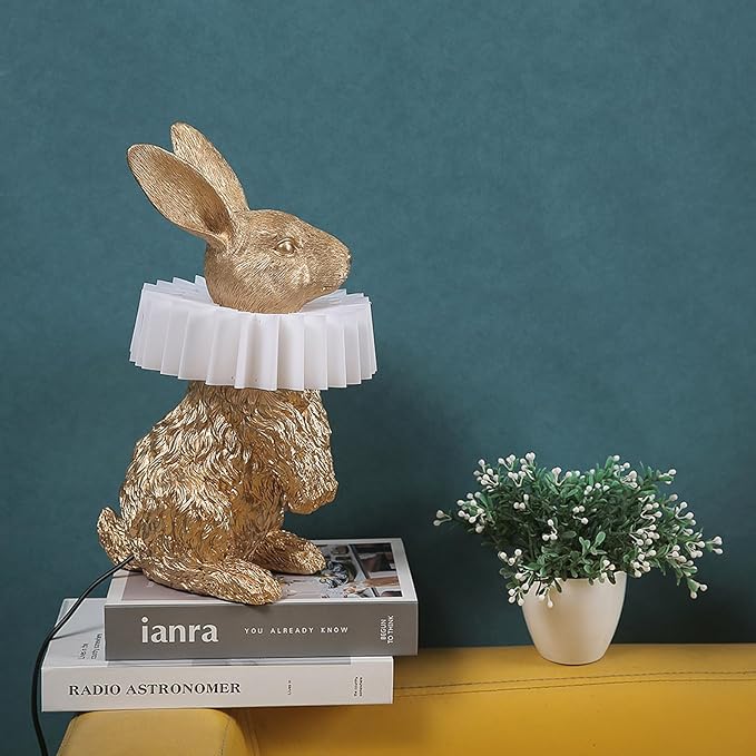 Scarf Rabbit Table Lamp,Resin Crafted Gold Bunny Lamp Featuring White Pleated PC Lampshade,USB Plug,Energy-Efficient Nightstand Lamp (Gold Standing)