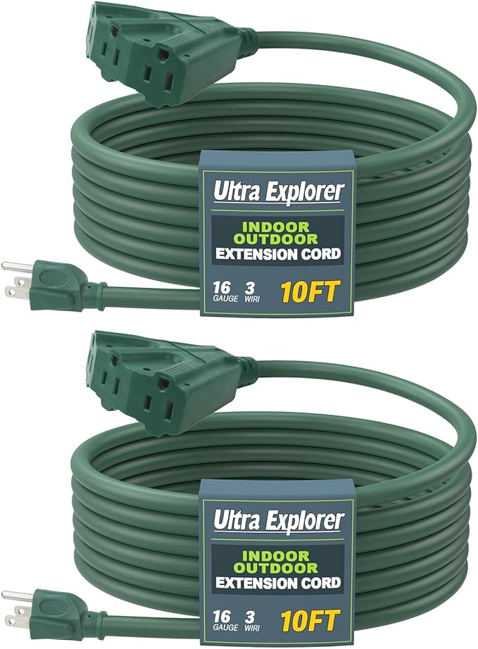 10 Ft 2 Pack Outdoor Indoor Extension Cord with 3 Electrical Power Outlets - 16/3 SJTW Long-Lasting Green Cable with 3 Prong Grounded Plug