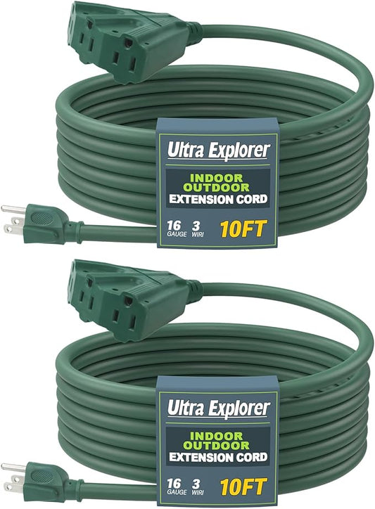 10 Ft 2 Pack Outdoor Indoor Extension Cord with 3 Electrical Power Outlets - 16/3 SJTW Long-Lasting Green Cable with 3 Prong Grounded Plug