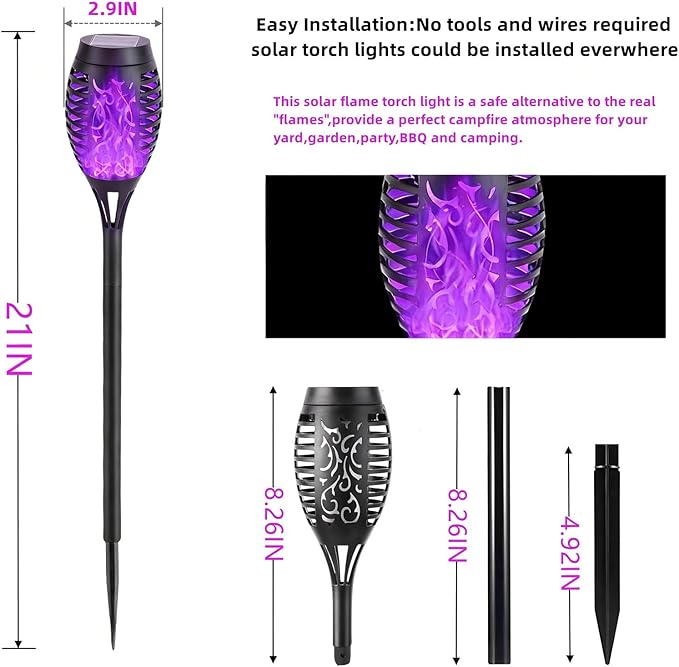 Solar Torch Light with Flickering Flame,4Pack Solar Lights Outdoor,Waterproof Solar Powered Yard Garden Lights,Solar Flame Light,Torches Lighting for Outside Patio Lawn Path Decorations (Purple)