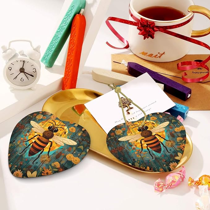 Bee Sunflowers Pattern Christmas Ornaments, Christmas Decorations Xmas Tree Hanging Ornaments, Heart-Shaped Ceramic Festive Keepsake Gift for Xmas Decorations Holiday Home Party