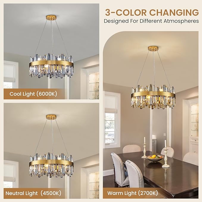 Siljoy Modern Crystal Chandeliers, 12 Lights Brass Gold Raindrop Crystal Chandelier Lighting, Adjustable Hanging Pendant Light Fixture for Dining Room Living Room Kitchen Island D23.6''