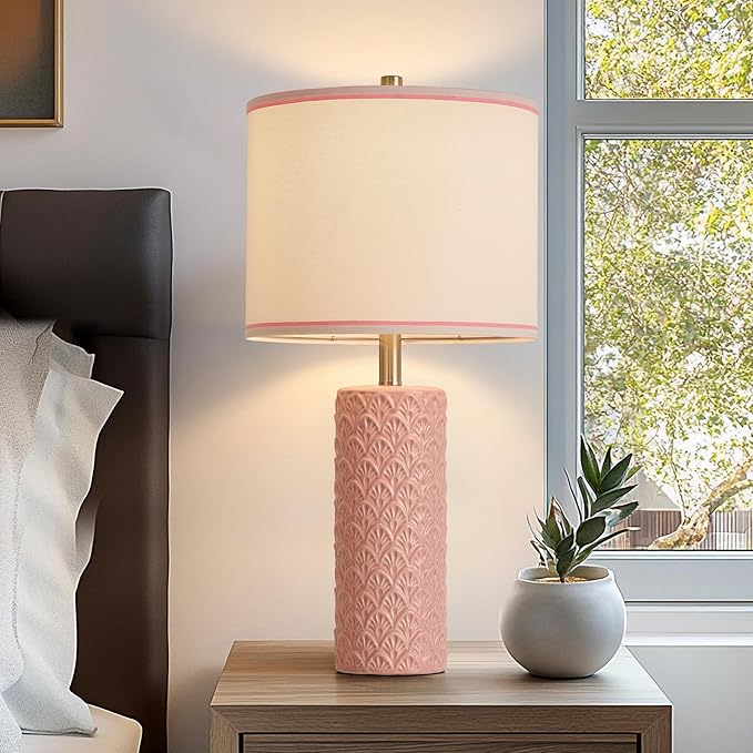 27" Farmhouse Bedside Table Lamp Set of 2, Pink Modern Ceramic Lamps for Living Room, 3 Color Temperature Rustic Table Lamps for Bedroom, Night Stands, Dorm,Office, Home Décor (Bulb Included