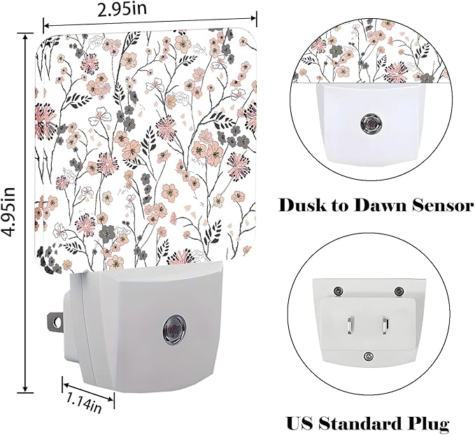 Vintage Peach Pink Floral Night Light,Plug Into Wall for Boys Girls Bedroom Decorative Square Night Light Lamp 0.5w Sleep Friendly