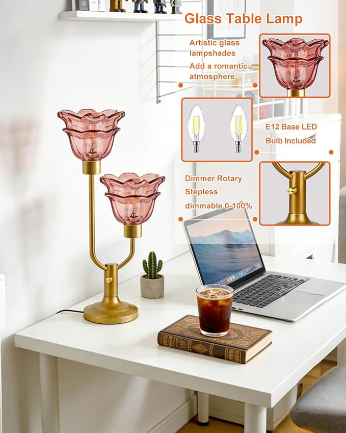 Lightdot Mid Century Modern Flower Table Lamp Gold Dimmable U-Shaped Deep Red Glass Desk Lamps with 2Pcs 3000K Warmwhite Bulbs Included Bedside Nightstand Lamp for Living Room Bedroom