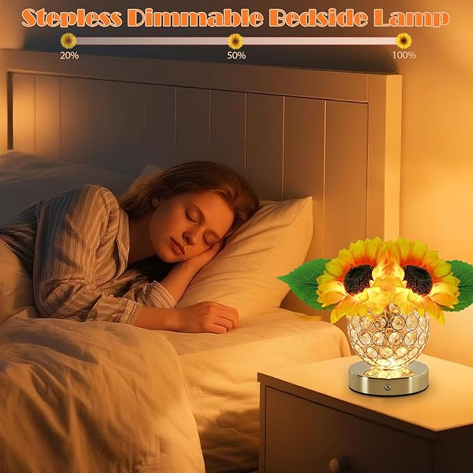 Sunflower Lamp, 3 Colors Desk Touch Control Lamp, Dimmable Fake Flower Crystal Night Light, Rechargeable Artificial Flower Lamp, Sun flower Bedside Lamps, Gifts for Mother Wife Girls Decor (Sunflower)