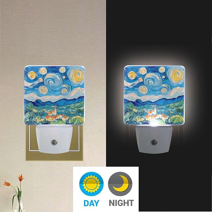 Oil on Canvas Blue Sky Night Light 2 Pack Dusk to Dawn Sensor Led Lamp for Women Men Night Lights Plug into Wall Decor for Bedroom Kitchen Corridor, 0.5W