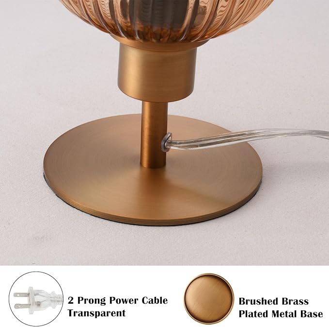 Mid Century Glass Table Lamp,Dimmable Desk Lamp,LED Bulb Included,Timer Build-in,Cognac Amber Ribbed Glass