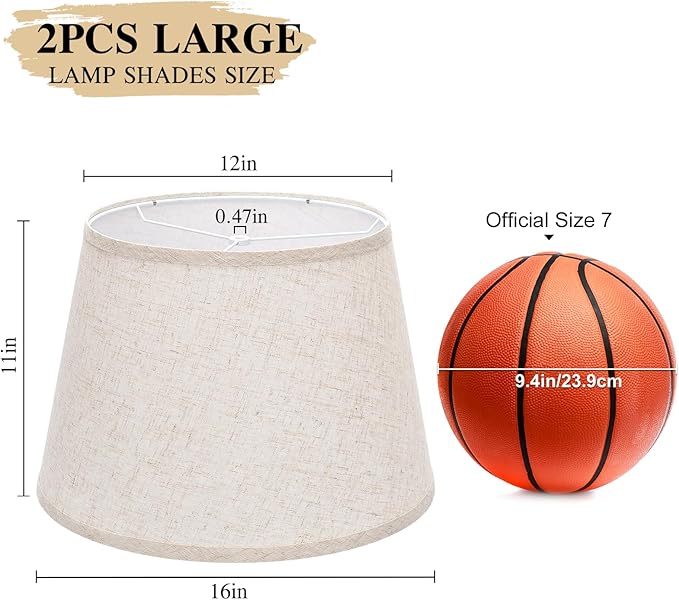 Large Drum Lamp Shades Set of 2, 12"Top x 16"Bottom x 11"High, Beige Lampshades for Table Lamps Floor Lamps, Natural Linen Replacement Lamp Shades, Spider, Harp Holders Included, Easy Assembly