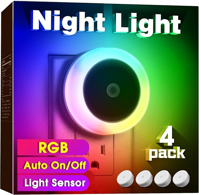 Briignite Kids Night Lights - Dynamic RGB Color Changing, 4 Pack with Light Sensors for Bedroom, Plug-in for Boys & Girls