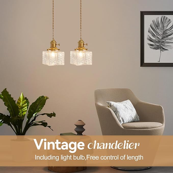 Hanging Pendant Light, Antique 5.31 Inch Pendant Lights with Light Bulb Retro Glass Shade Easy Installation Braided Light Cord Hanging Lamp for Living Room, Bedroom and Dining Room