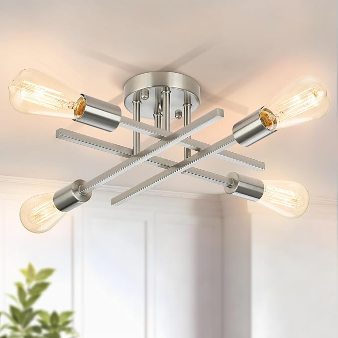 SunRider Industrial 4-Light Semi Flush Mount Ceiling Light Fixture, Brushed Nickel Indoor Farmhouse Lamp, Rustic Sputnik Chandelier for Kitchen, Large