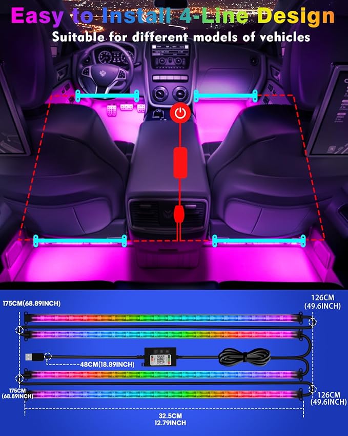 Car Led Strip Lights, RGB Truck Interior Lights with App Control, Under Dash Footwell Automotive Led Light Strip, Car Ambient Lighting (1set)