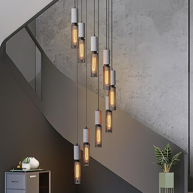 9-Light Concrete Linear Black Pendant Light with a Metal Mesh Shade,Staircase Large Chandelier Lobby Living Room Bedroom Foyer High Ceiling Chandelier