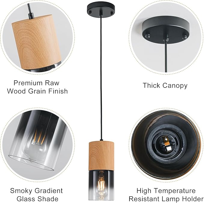 2-Pack Modern Pendant Lights for Kitchen Island, Adjustable Black Pendant Light Fixtures with Raw Wood Grain, Industrial Glass Pendant Lights for Dining Table Hallway Bedroom Living Room