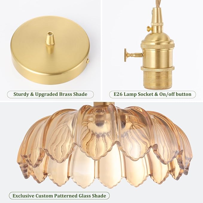 Pendant Light with Amber Scindapsus Glass Lmapshade, Brass Vintage Pendant Light Adjustable Hanging Light for Kitchen Island Dining Room Hallway