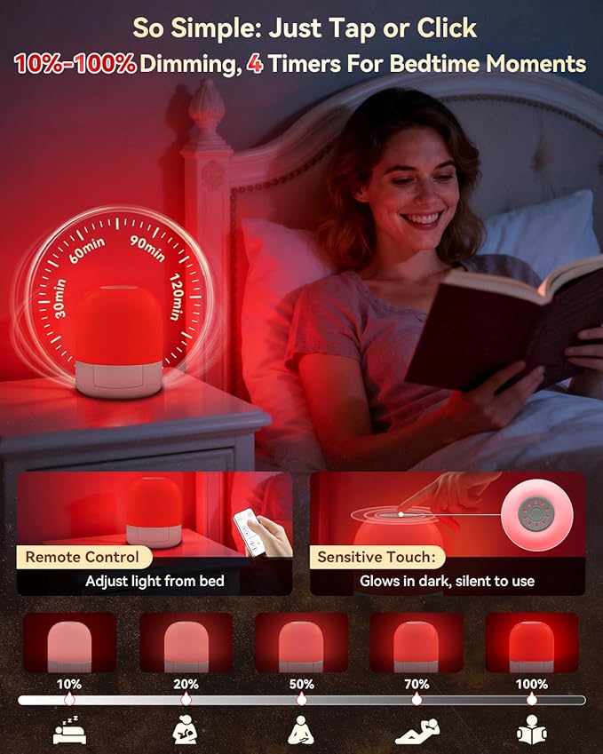 670nm Red Light for Sleep, 100% Blue Light Blocked & 10%-100% Dimmable & 4 Timers & Remote + Touch, Rechargeable Long Lasting Red Night Light Sleep Lamp for Bedroom, Nursery, Reading