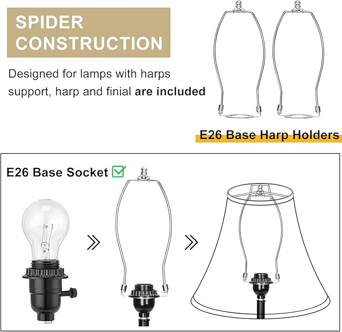 White Lamp Shades Set of 2, Bell Lamp Shades 6"Top x 13"Bottom x 10"High, Medium Shade Replacement Fabric Natural Linen Hand Crafted(Spider Fitter), Harp Holders Included, Easy Assembly Required