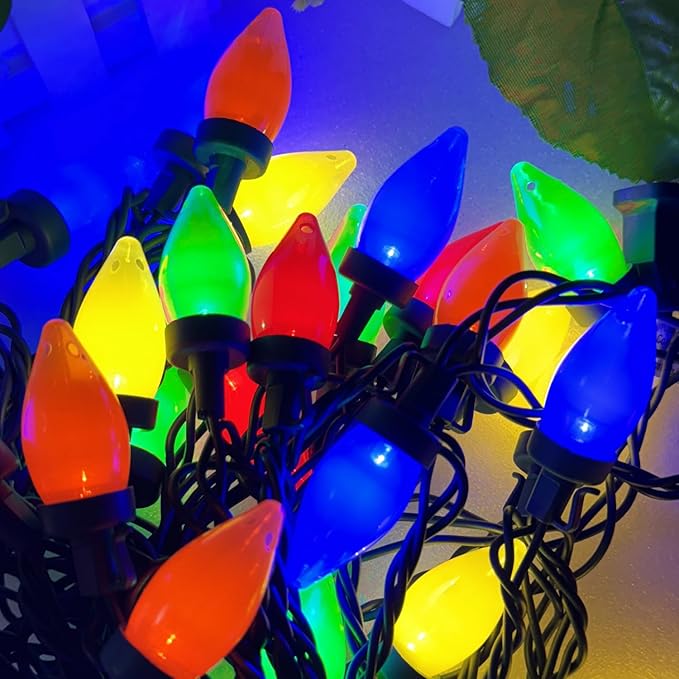 26.4Ft - 50 LED Bulbs Multicolor C7 LED Christmas Lights Outdoor Big Bulb Colored Christmas Tree Lights, Plug in Colorful C7 String Lights for Multicolored Indoor Outdoor Xmas Decorations, 0.6W = 7W