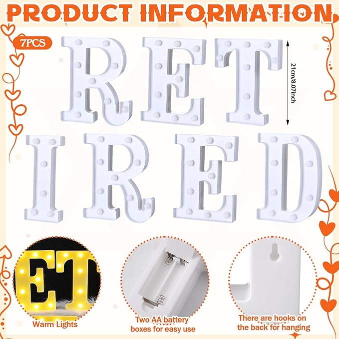 7 Pcs Retired Large LED Letter Sign LED Lights Battery Powered Table Decoration for Happy Retirement Party Decorations