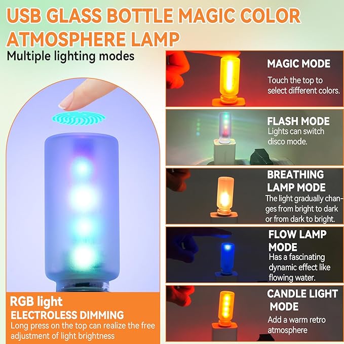 5Pcs Mini Retro Car Light, 10 Modes, Frosted Shell USB LED Car Interior Atmosphere Lamps, Touch-Control Portable Plug-in Glass Bottle Ambient Night Light for Camping Bedroom Party