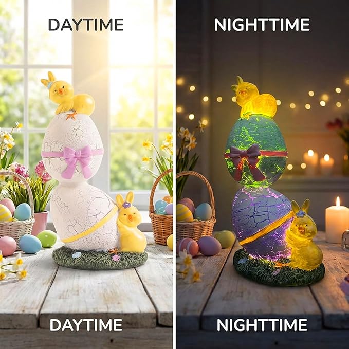 Lighted Easter Eggs Chicks Figurines, 6.5" H Purple Green Resin Light Up Decorative Egg Small Statue Table centerpieces Decor Indoor, Cute Spring Tabletop Mantel Shelf Desk Home Decorations
