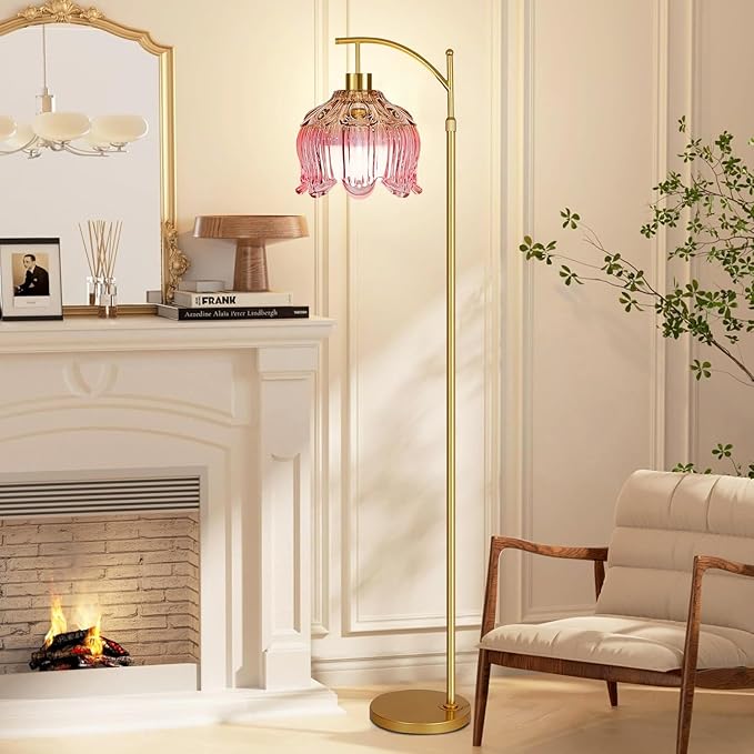 Pink Floor Lamp for Living Room,Bedroom,Glass Gold Dimmable Standing Lamp with Remote,Mid Century Modern Brass Tall Lamp Boho Floor Lamps Arc Stained Tulip Flower Floor Light Lamp Bohemian