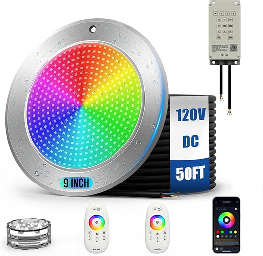 9 inch Pool Lights for Inground Pool, 54W 19 Color Changing Led Underwater Swimming Pool Light with Controller & APP Control, 120V 5500LM IP68 Waterproof Spa Light (50 FT)