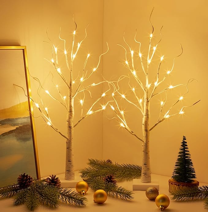 EAMBRITE Lighted Birch Tree Easter Decorations for Home, 2Pack 24 LED Battery Operated/USB Tabletop Mini Small Artificial White Trees with Lights for Christmas Indoor Table Mantel Spring Decor (2FT)
