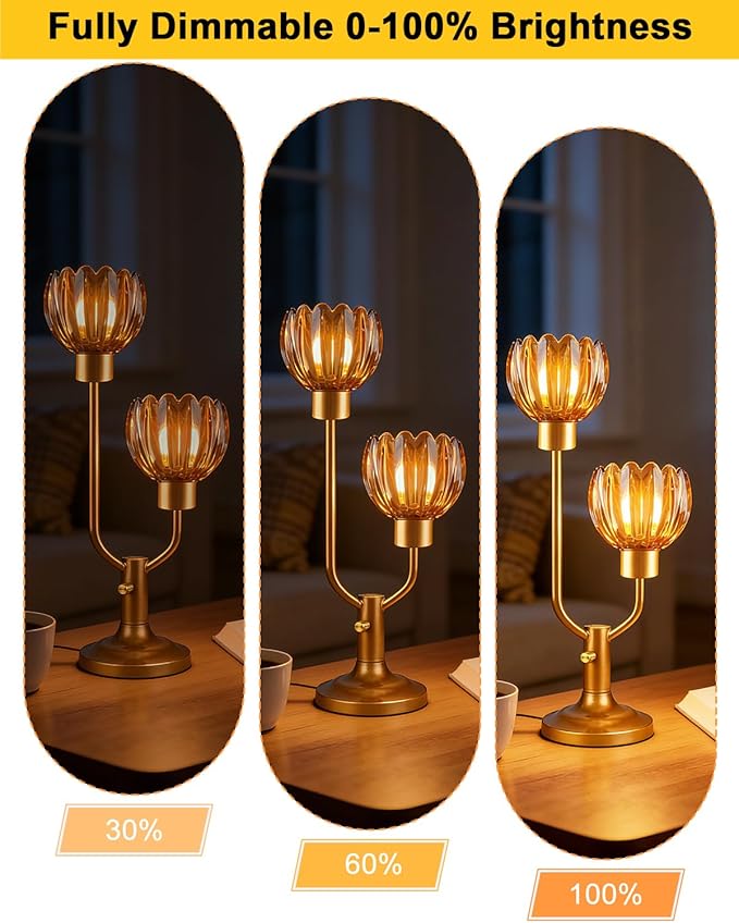 Lightdot Mid Century Modern Glass Table Lamp Gold Dimmable U-Shaped Desk Lamps with Brown Glass Shade& 2Pcs 3000K Warmwhite Bulbs Included Bedside Nightstand Lamp for Living Room Bedroom
