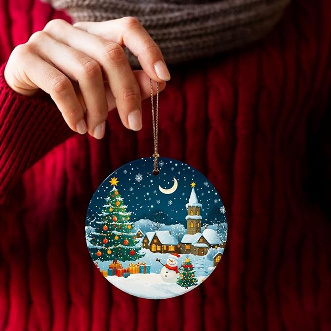 Merry Christmas Snow Tree Snow Scene Christmas Ornaments, Christmas Decorations Xmas Tree Hanging Ornaments, Round Ceramic Festive Keepsake Gift for Xmas Decorations Holiday Home Decor
