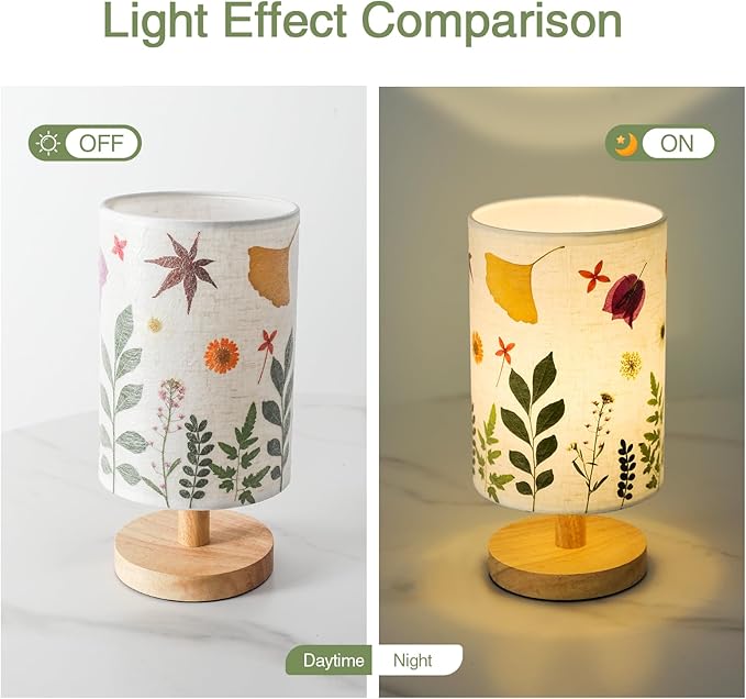 Pressed Flowers Table Lamp 5W LED 3Color Temperatures Dried Flower Bedside Lamp Linen Shade with Wood Base for Bedroom Living Room Desk Office