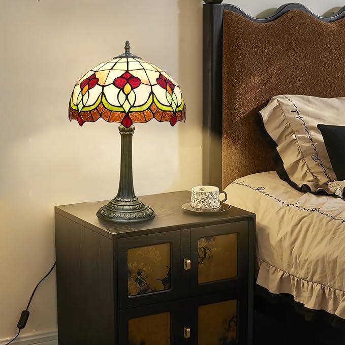 Red Tuilp Tiffany Lamp Stained Glass Table Lamps Antique Vintage Style Bedside Nightstand Nightstand Decor Living Room Bedroom Office Home Retro Bar Hotel 12 Inch Unique Reading Desk Lamps