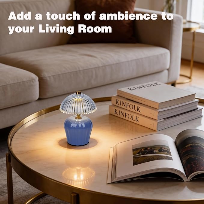 MJ PREMIER Small Cordless Lamp, Battery Operated Lamp with Timer, Mini Crystal Glass Mushroom Lampshade, Cute Small Table Lamps, Decorative Led Light for Bedroom Living Room Shelf (Blue)