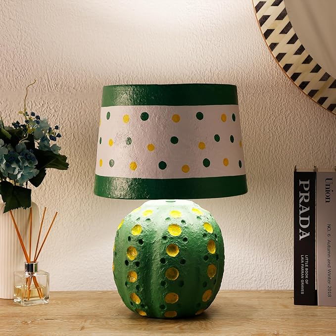 Handicrafts Home Handcrafted Paper Mache Table Lamp, 10.5x17” Modern Farmhouse Accent Table Lamp, Decorative Dome Bedside Nightstand Lamp for Bedroom Living Room, Small Desk Light, Cact Polka