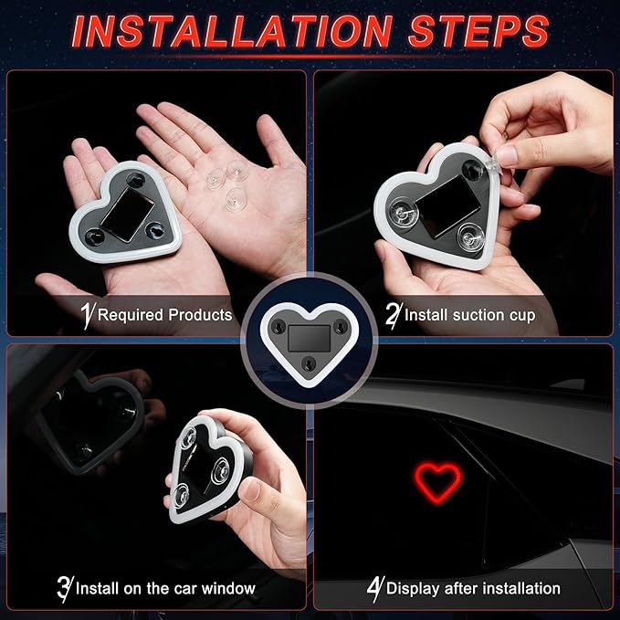 Car LED Interior Lights, Heart-Shaped Ambient Light for Windows, 5 Lighting Modes, Charging Through Type-c and Solar Energy, Car Decorations for Women Men, Pack of 1, (Red)