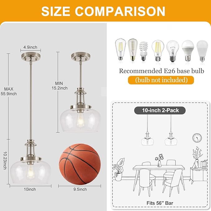 Modern Pendant Lights Kitchen Island, Brushed Nickel Pendant Light Fixtures with 10" Clear Glass Shade, Industrial Hanging Pendant Lights Fixture for Kitchen Island Dining Room Bedroom Foyer Entryway