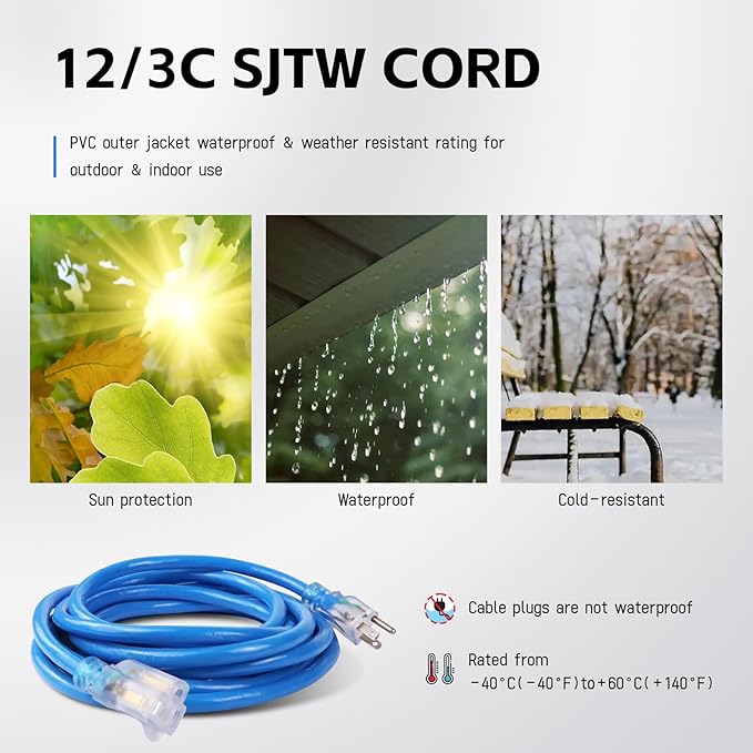 EP 15 Ft Outdoor Extension Cord, 12/3 SJTW Heavy Duty Waterproof Power Cable, 3 Prong Grounded Plug, Lighted End, for Lawn, Garden, Appliances, Blue