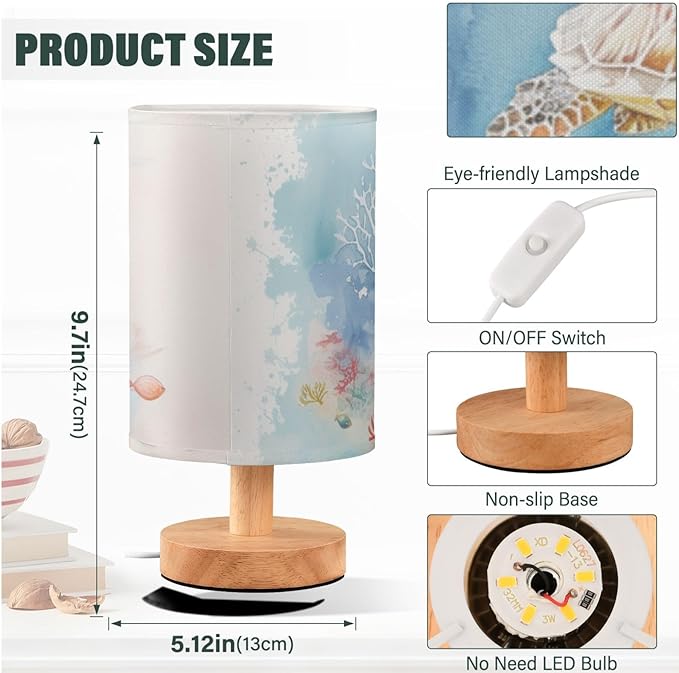 Sea Turtle in Ocean Marine Life Table Lamp for Bedroom USB Port Lamps Small Accent Table Lamp Nightstand Lamp Study Linen Shade with Wooden Base, Decorative Lamps for Bedside Reading|Kids|Dorm|Home