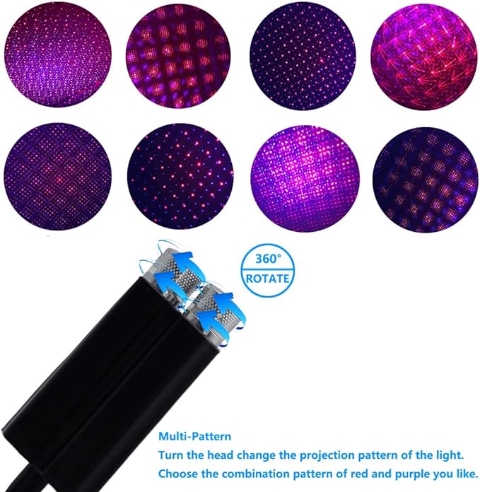 USB Night Light Star Projector, LEDCARE 2 in 1 Interior Car Roof Lights, Adjustable Romantic Portable USB Ceiling Star Projector Decorations for Car, Ceiling, Bedroom, Red/Violet Blue