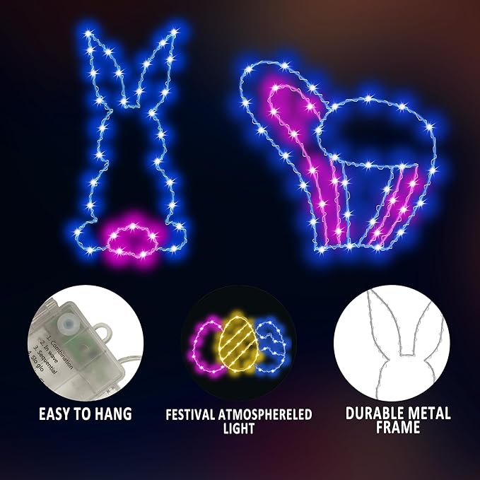 3 Packs Easter Decoration Lights, Hanging Easter Light Battery Operated with Timer & Remote, 62 LED Easter Bunny & Eggs Waterproof Window Lights - Indoor/Outdoor Decor