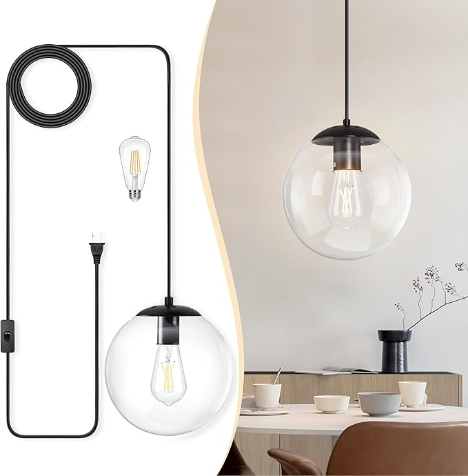 KoKo&Yukina 10" Globe Pendant Light Black Plug in Pendant Light Adjustable Hanging Lights with Plug in Cord Matte Black Finished with Clear Glass Lampshade for Bedroom Kitchen Island（Bulb Included）