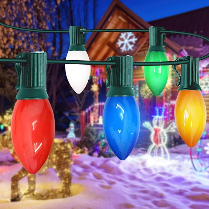 C9 LED Christmas Lights Outdoor 25FT Multicolor Christmas String Lights, Colorful Vintage Hanging Lights for Roofline Xmas Tree Patio Holiday Party Wedding Decoration