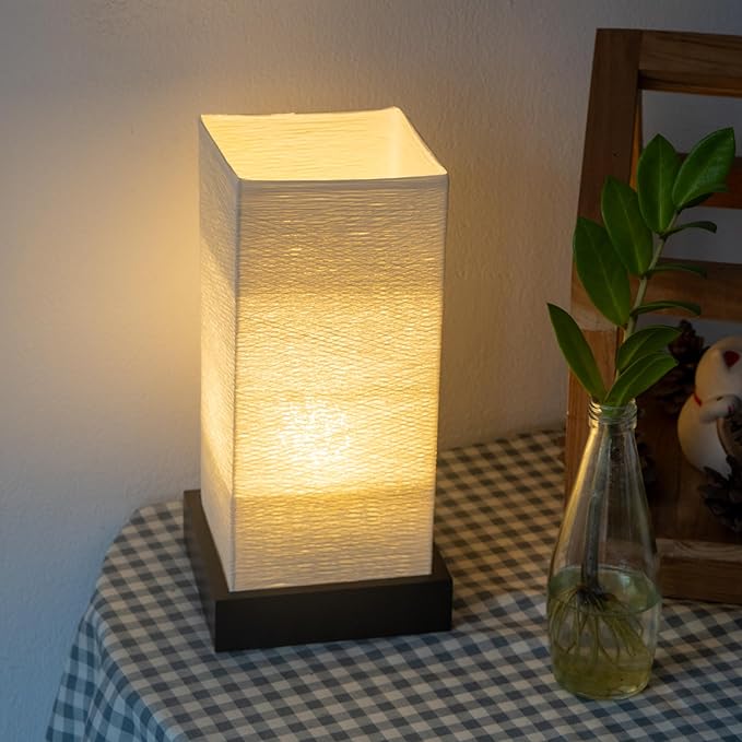 Dimmable Japanese Lamp Table Lantern • Small Warm Woven Glow Light • Nightstand Bedside Akari • Noguchi Style | UL Wire | Instructions + Lightbulb Included | (Ivory)