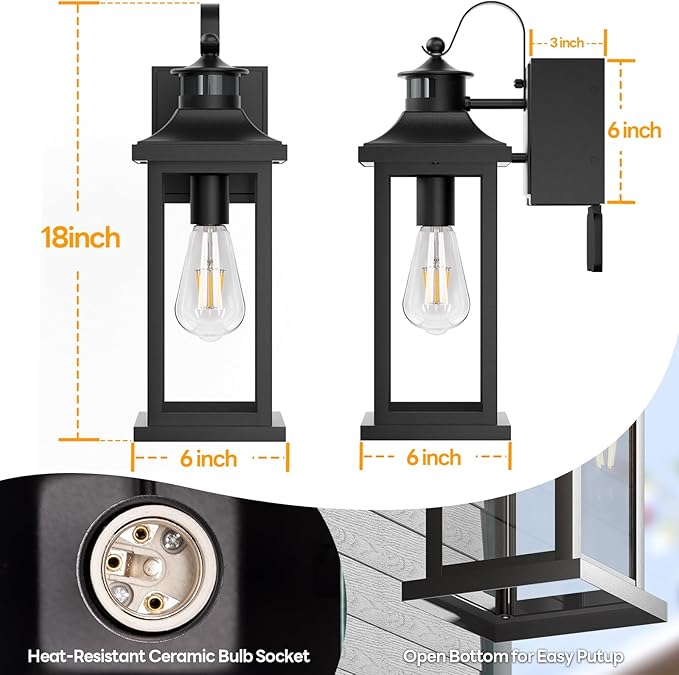 Roravilia Motion Sensor Outdoor Light for House with GFCI Outlet, 18” Large Dusk to Dawn Exterior Light Fixture IP65 Waterproof Exterior Lantern Porch Light Patio Garage Wall Sconce, 2 Receptacles