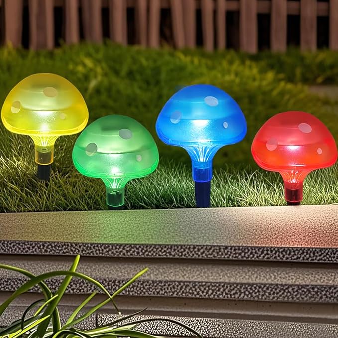 Bright Zeal 4-Pack Mushroom Solar Lights Outdoor Waterproof (8.5" Tall, 4" Wide) - Mushroom Outdoor Garden Red Green Yellow Blue - LED Garden Lamps for Outside Solar Fairy Stake Lamps