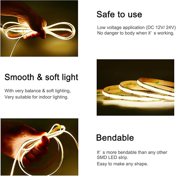 COB LED Strip Lights DC 12V LED Strip Flexible High Density UniformLED Strips,16.4ft 4000K Natural White,CRI 90+,2400LEDs Dimmable Lights for Home Room Decor(No Adapter or Controller)