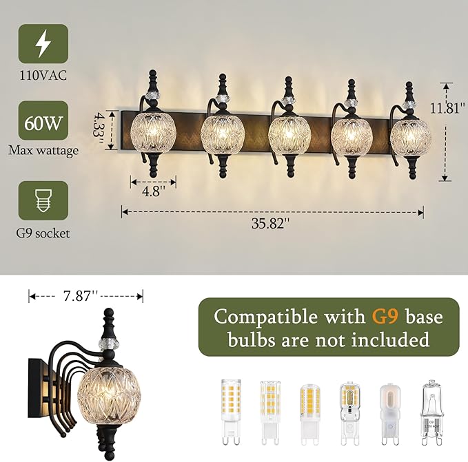 Modern Crystal Bathroom Vanity Lights Fixtures Over Mirror Black Vintage 5-Lights 36 Inch Bathroom Light Fixtures Glass Crystal Vanity Lights