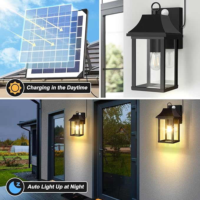 OKELI Porch Lights Outdoor Dusk to Dawn Motion Sensor Solar Wall Lantern Separate Panel & Battery Replaceable Exterior Waterproof Wall Sconce Lighting Lamp (Black A, 1 Pack)